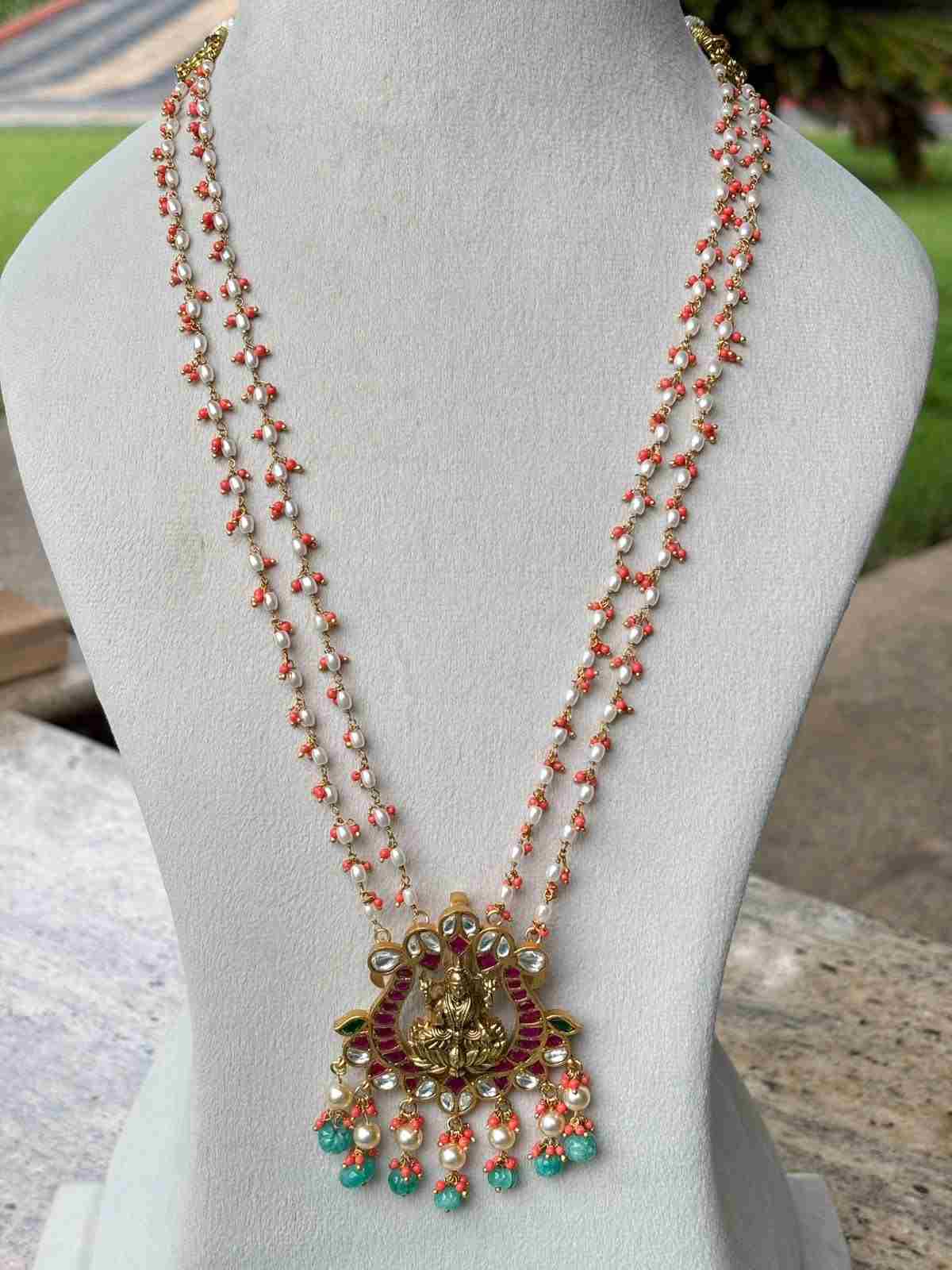 H0104 Jadau Kundan 2 Layer Coral Pearl Lakshmi  Haram