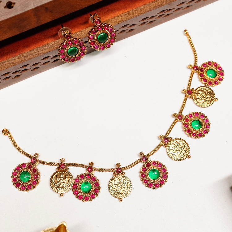 Traditional Matte finish Premium look Coin and Floral Design Necklace with kemp stones N0092-CJ17