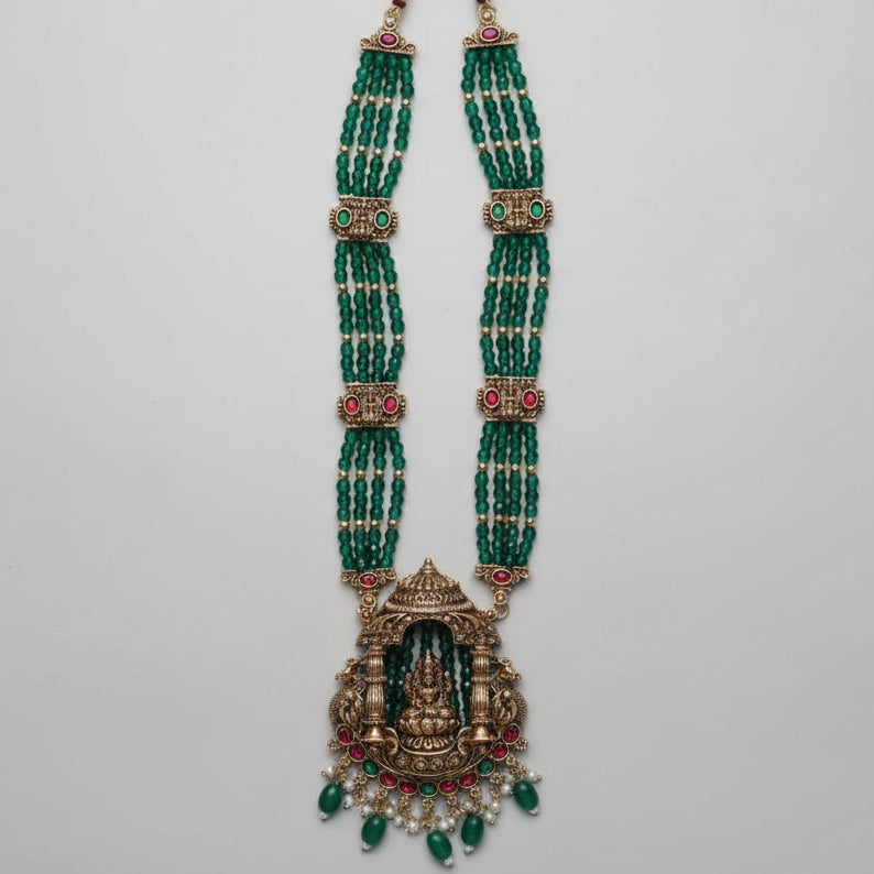 Matte Finish Premium Look Crystal Bead Middle Length Haram with Lakshmi Pendent with matching jhumka H0020-CO51