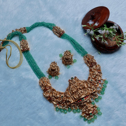 Premium Matte Finish Pastel Green Crystal bead Long Haram With Temple Kopuram Lakshmi Design With Jhumka H0011-CO87