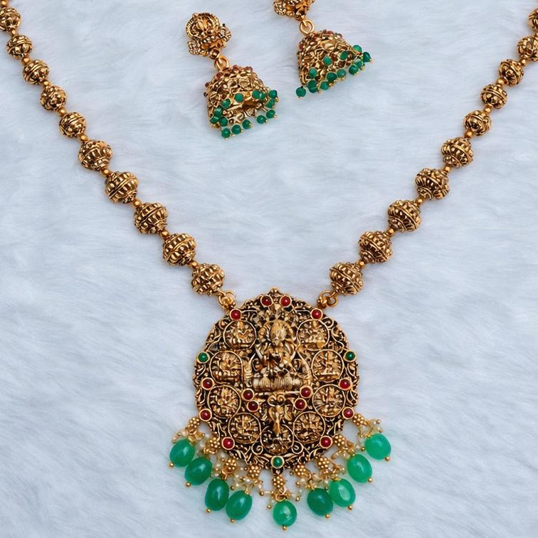 Middle Length Chettinad Haram Matte Finish AshtaLakshmi Pendent with green Beads H0038-CJ49