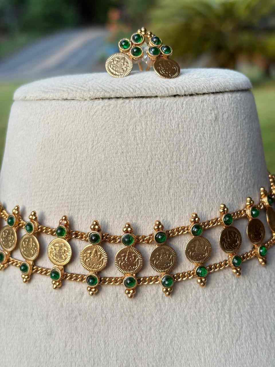 N0147 Green Stone Matte finish Lakshmi Coin Chocker