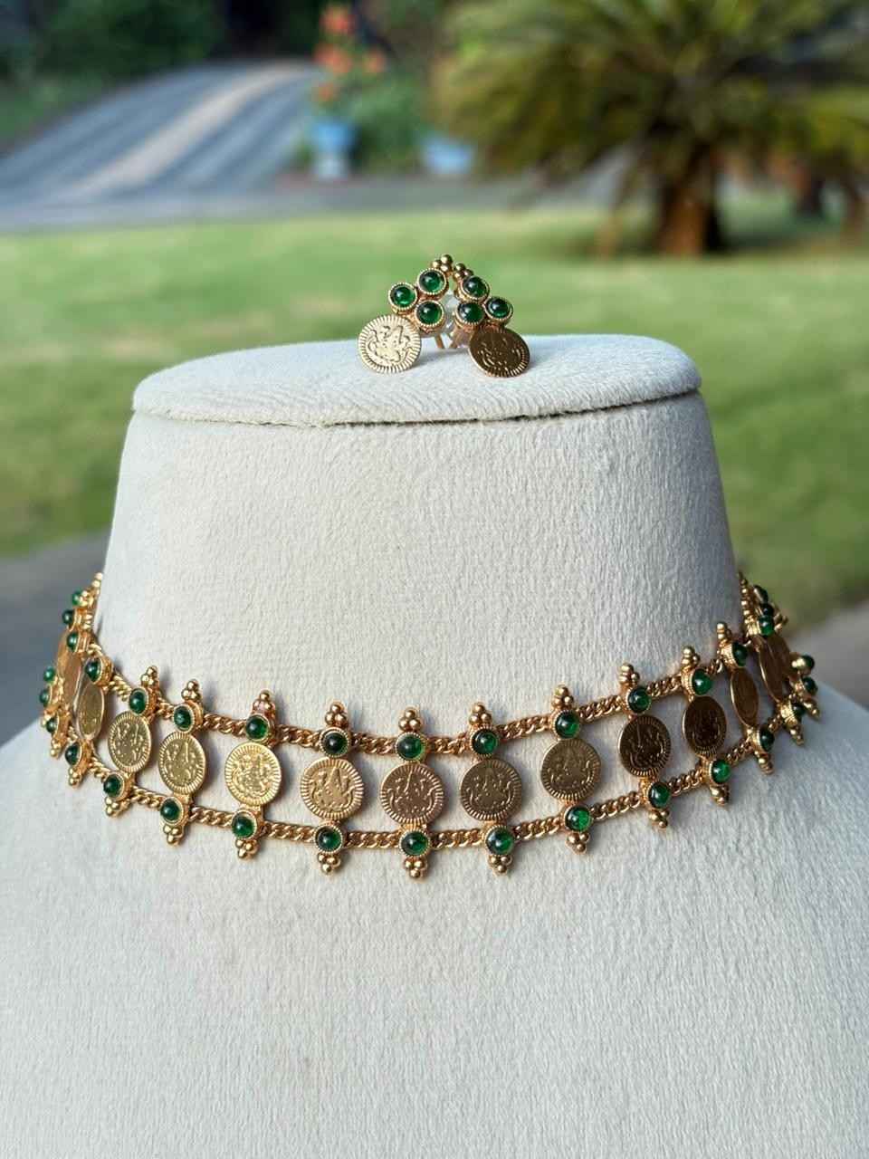 N0147 Green Stone Matte finish Lakshmi Coin Chocker