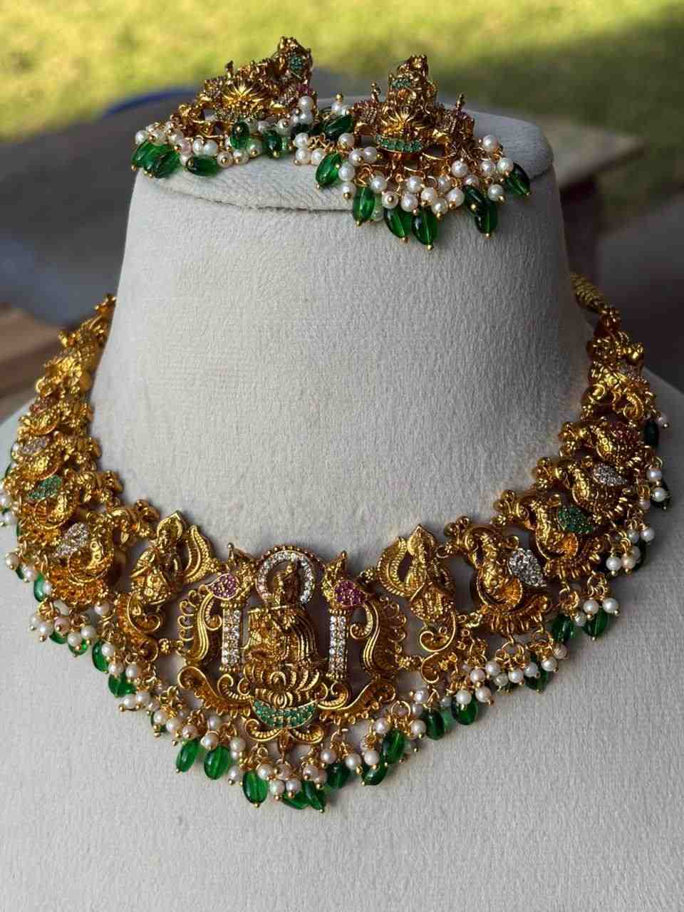 Premium Quality Necklace Designs with Krishna Sitting on lotus surrounded by Peacock Temple Collection N0050-CI85