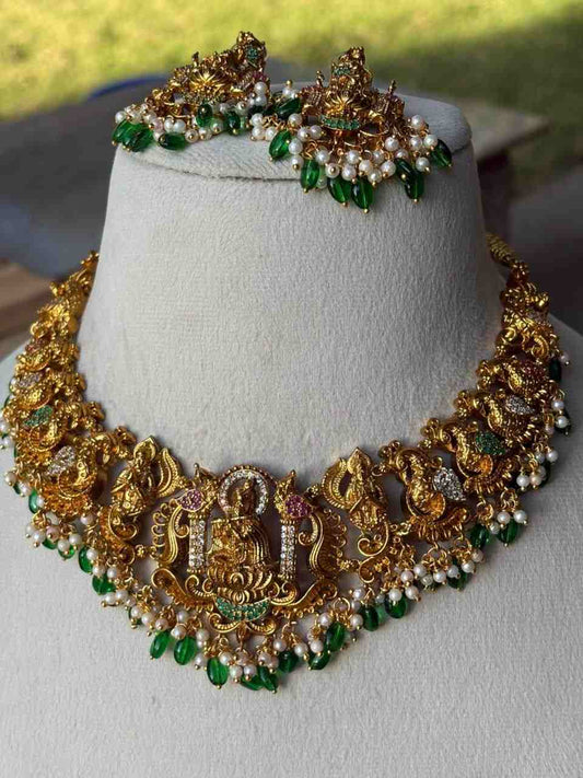 Premium Quality Necklace Designs with Krishna Sitting on lotus surrounded by Peacock Temple Collection N0050-CI85
