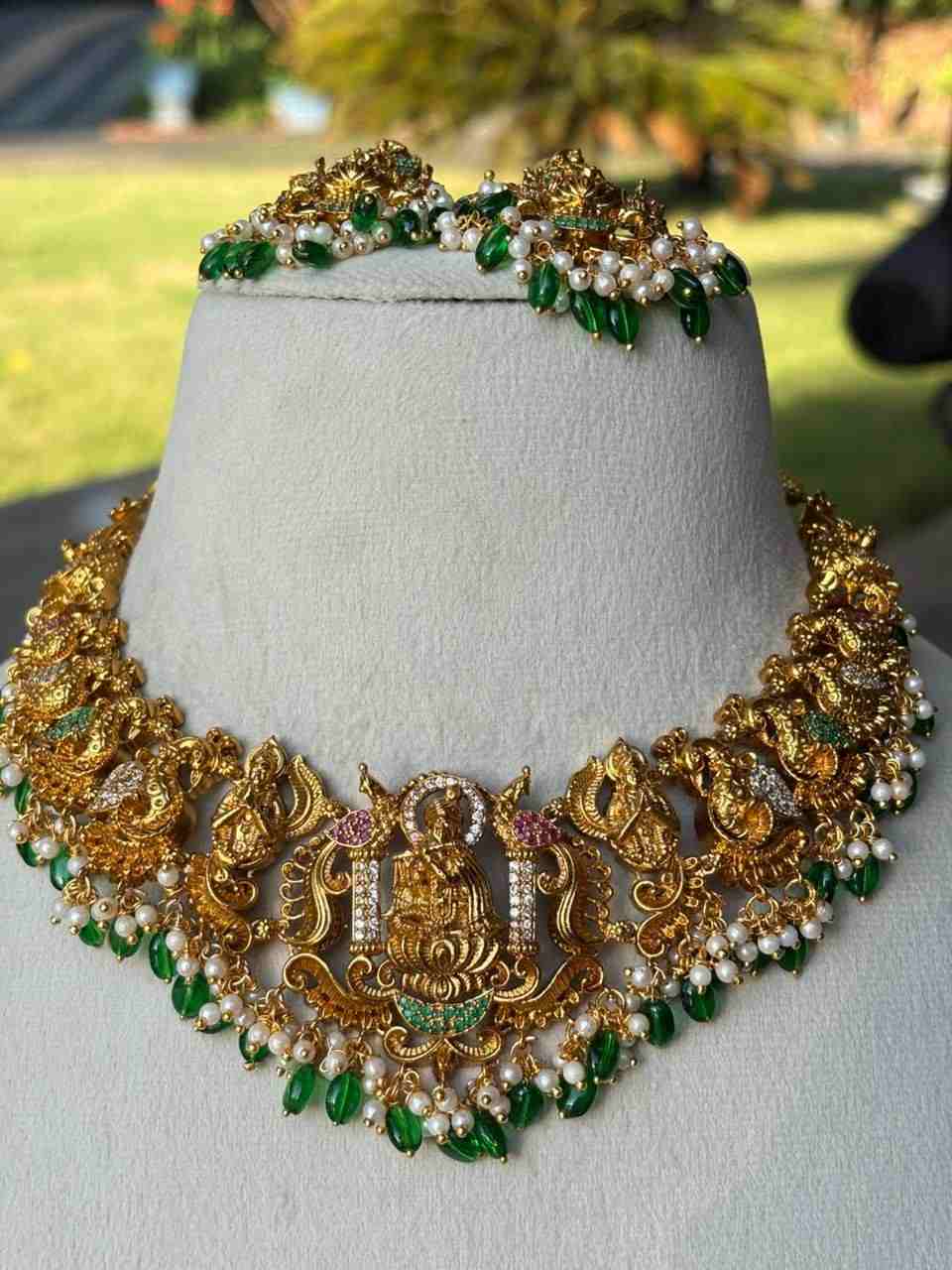 Premium Quality Necklace Designs with Krishna Sitting on lotus surrounded by Peacock Temple Collection N0050-CI85