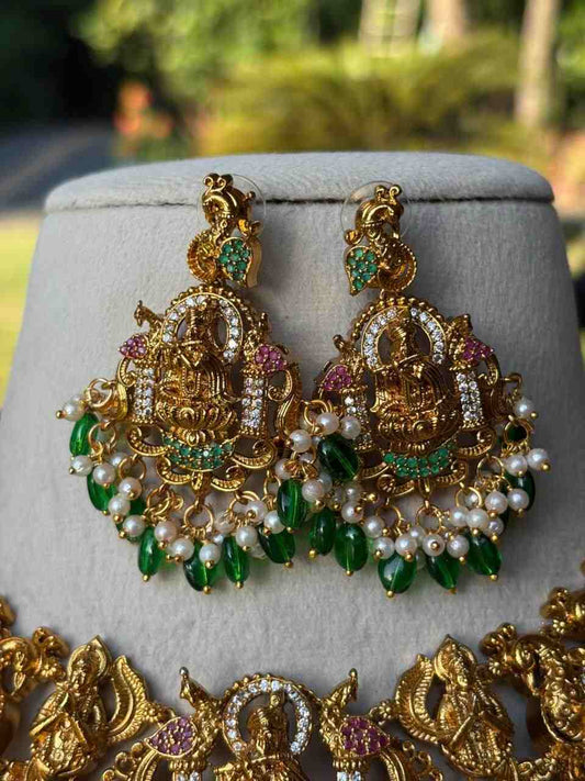 Premium Quality Necklace Designs with Krishna Sitting on lotus surrounded by Peacock Temple Collection N0050-CI85