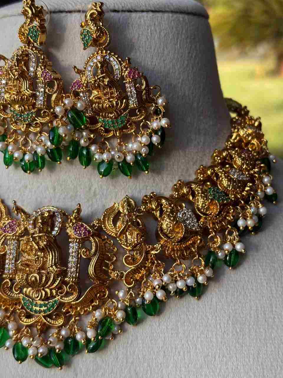 Premium Quality Necklace Designs with Krishna Sitting on lotus surrounded by Peacock Temple Collection N0050-CI85