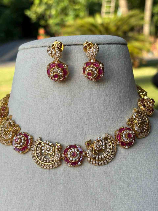 N0042 White stone Ruby Peacock Necklace