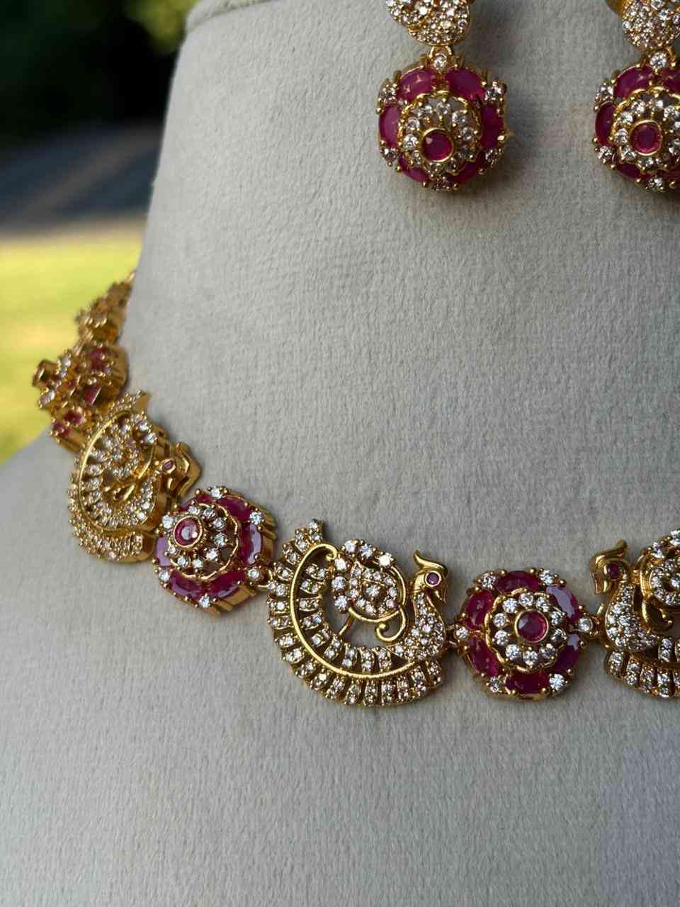 N0042 White stone Ruby Peacock Necklace