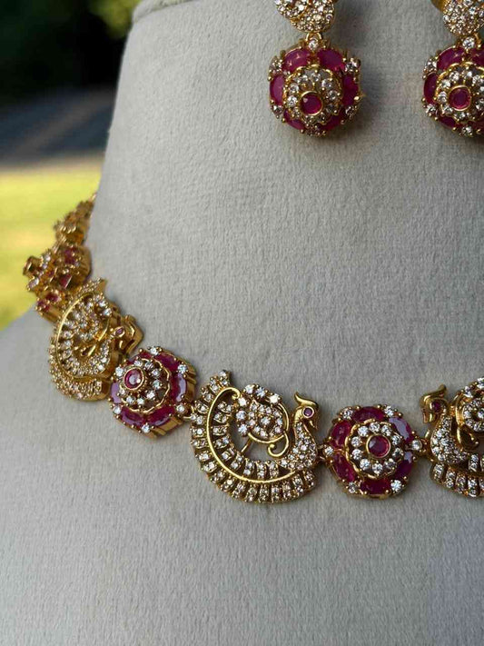 N0042 White stone Ruby Peacock Necklace
