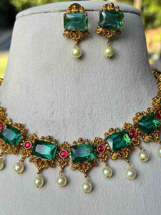 N0044 Jadau Kundan Stones Emerald Green Stone Necklace