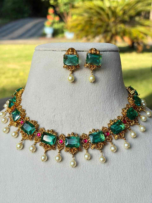 N0044 Jadau Kundan Stones Emerald Green Stone Necklace