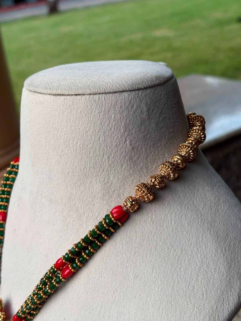 H0047 Middle Length Green & Coral bead Haram Matte Finish