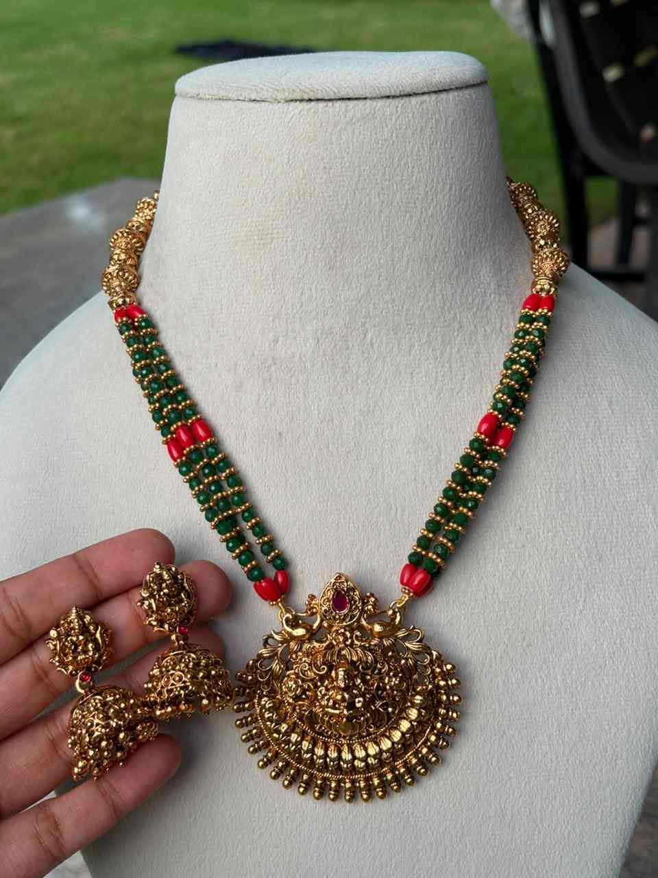 H0047 Middle Length Green & Coral bead Haram Matte Finish