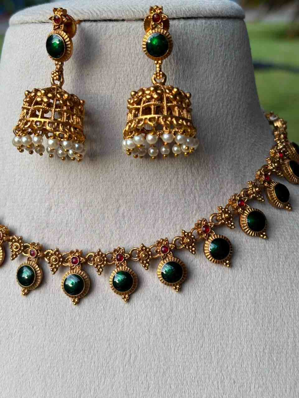 N0081 Traditional Palaka Green Enamel Necklace with jhumka Matte finish
