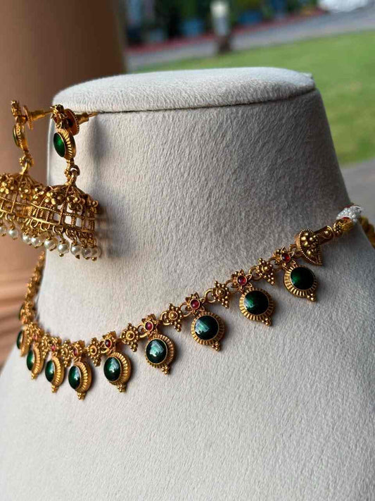 N0081 Traditional Palaka Green Enamel Necklace with jhumka Matte finish