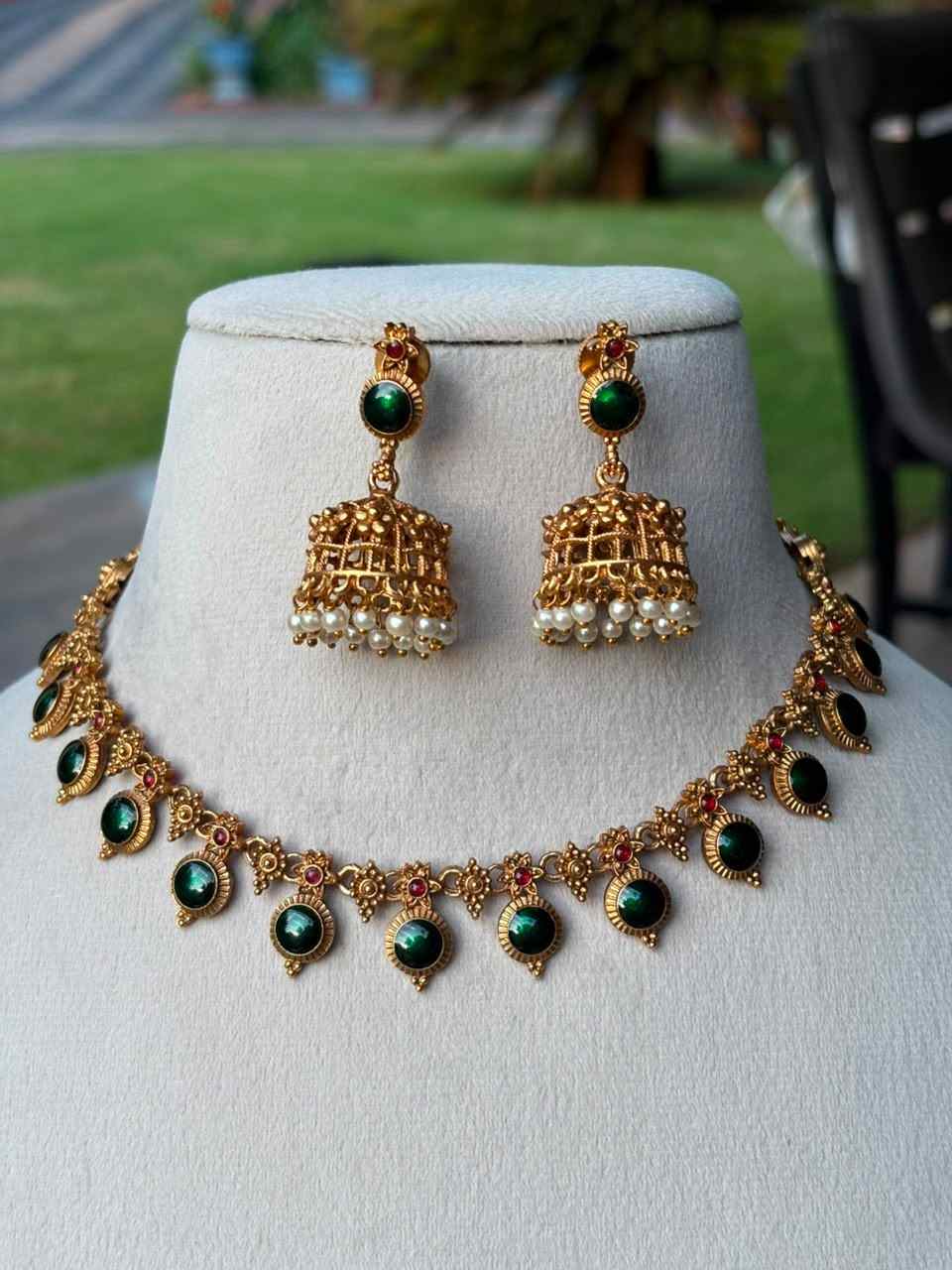 N0081 Traditional Palaka Green Enamel Necklace with jhumka Matte finish