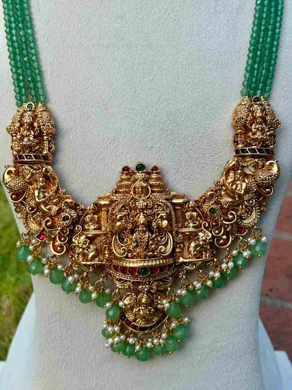 H0011 Pastel Green Crystal bead Long Haram With Temple Kopuram Matte Finish 28 inches