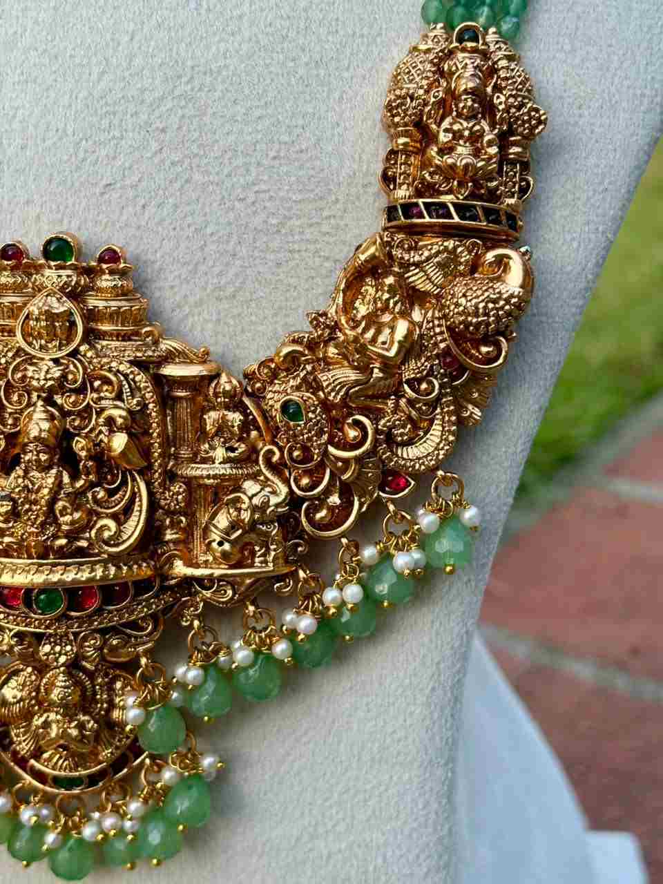 H0011 Pastel Green Crystal bead Long Haram With Temple Kopuram Matte Finish 28 inches