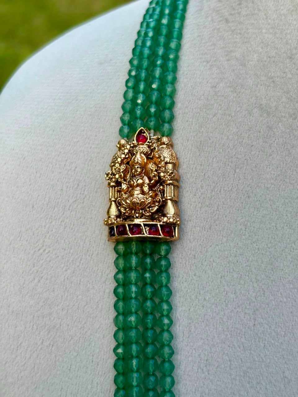 H0011 Pastel Green Crystal bead Long Haram With Temple Kopuram Matte Finish 28 inches