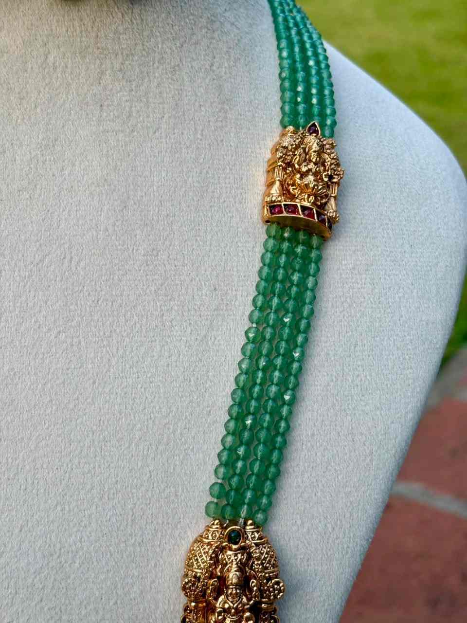H0011 Pastel Green Crystal bead Long Haram With Temple Kopuram Matte Finish 28 inches