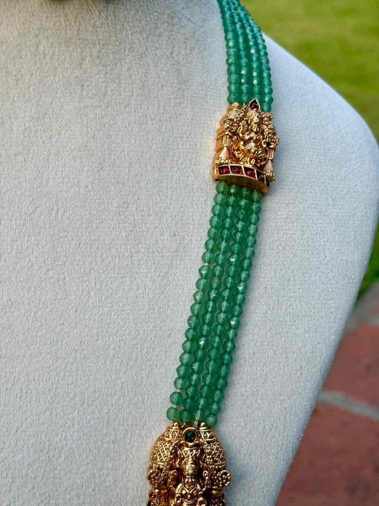 H0011 Pastel Green Crystal bead Long Haram With Temple Kopuram Matte Finish 28 inches