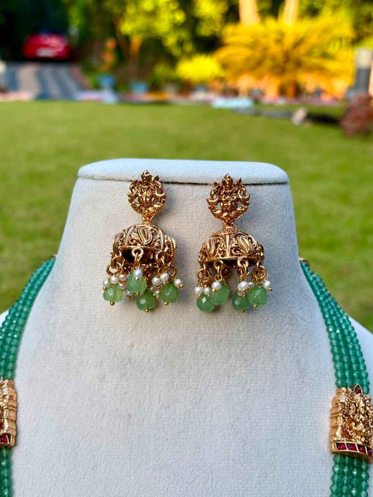 H0011 Pastel Green Crystal bead Long Haram With Temple Kopuram Matte Finish 28 inches