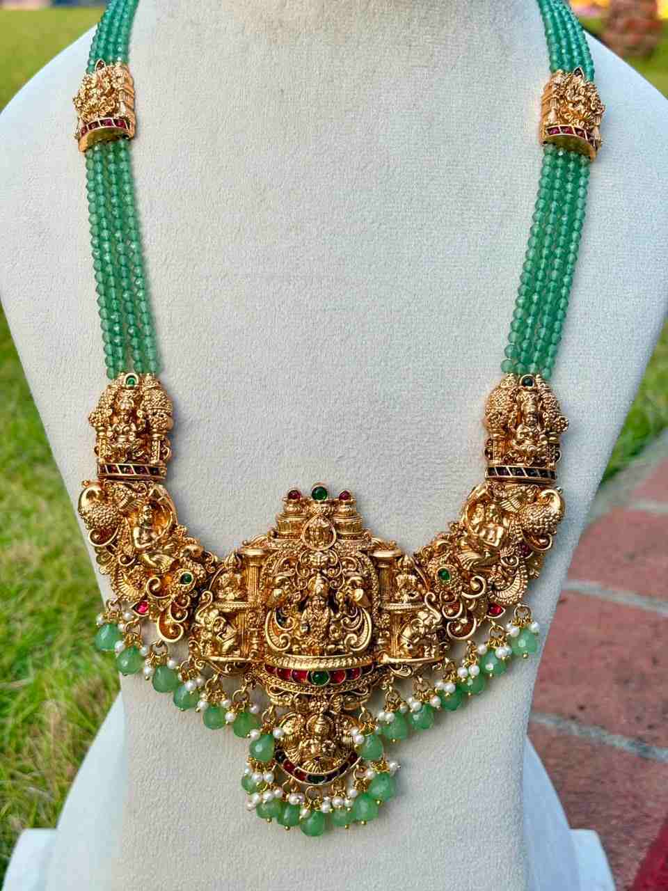 H0011 Pastel Green Crystal bead Long Haram With Temple Kopuram Matte Finish 28 inches