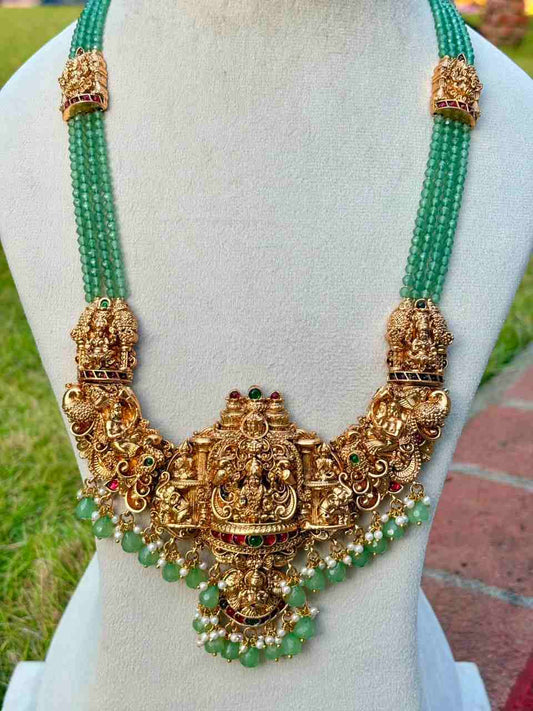 H0011 Pastel Green Crystal bead Long Haram With Temple Kopuram Matte Finish 28 inches
