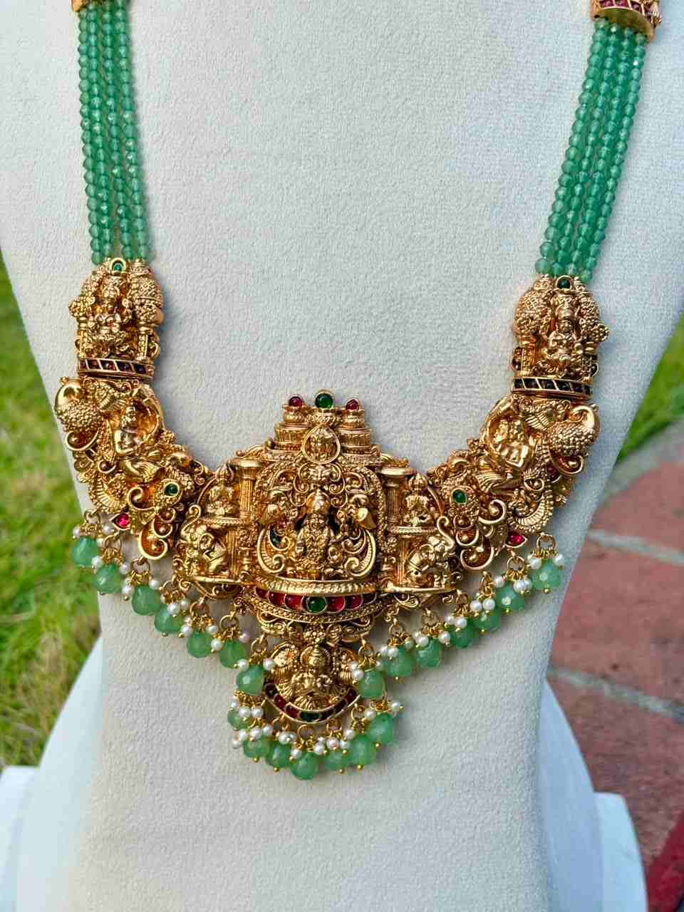 H0011 Pastel Green Crystal bead Long Haram With Temple Kopuram Matte Finish 28 inches