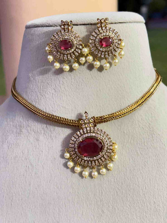 N0090 Ruby Red Stone Attigai necklace
