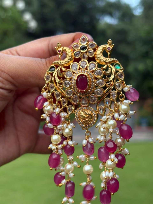HA062 Peacock Hair Jewel with Pink Beads