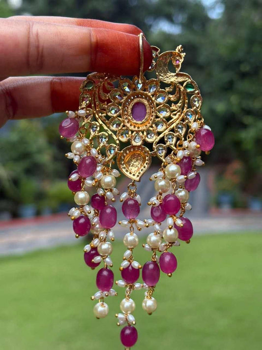 HA062 Peacock Hair Jewel with Pink Beads