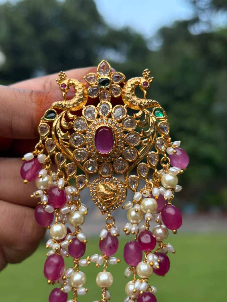 HA062 Peacock Hair Jewel with Pink Beads