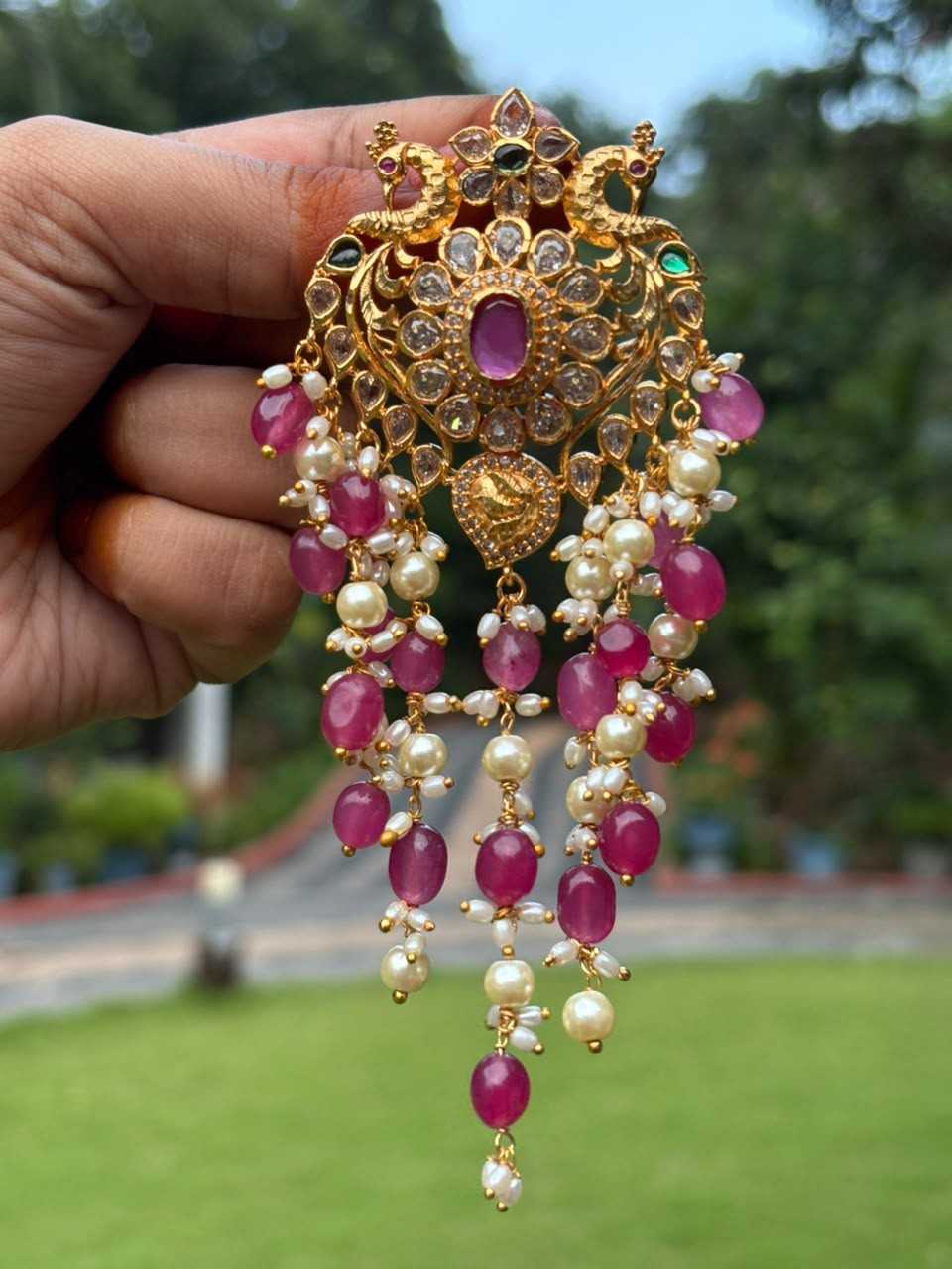 HA062 Peacock Hair Jewel with Pink Beads