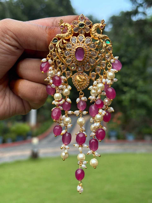 HA062 Peacock Hair Jewel with Pink Beads
