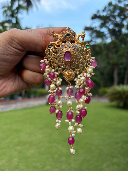 HA062 Peacock Hair Jewel with Pink Beads