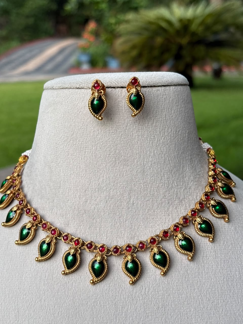 N0248 Premium Quality Traditional Green Manga Mango motif Palaka Necklace with Earring