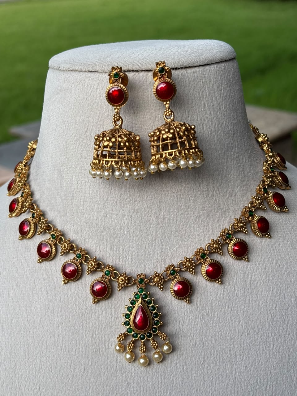 N0253 Premium Look Red Enamel Palaka Necklace with Earring