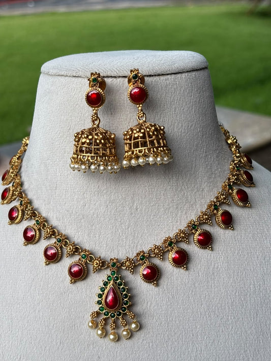 N0253 Premium Look Red Enamel Palaka Necklace with Earring