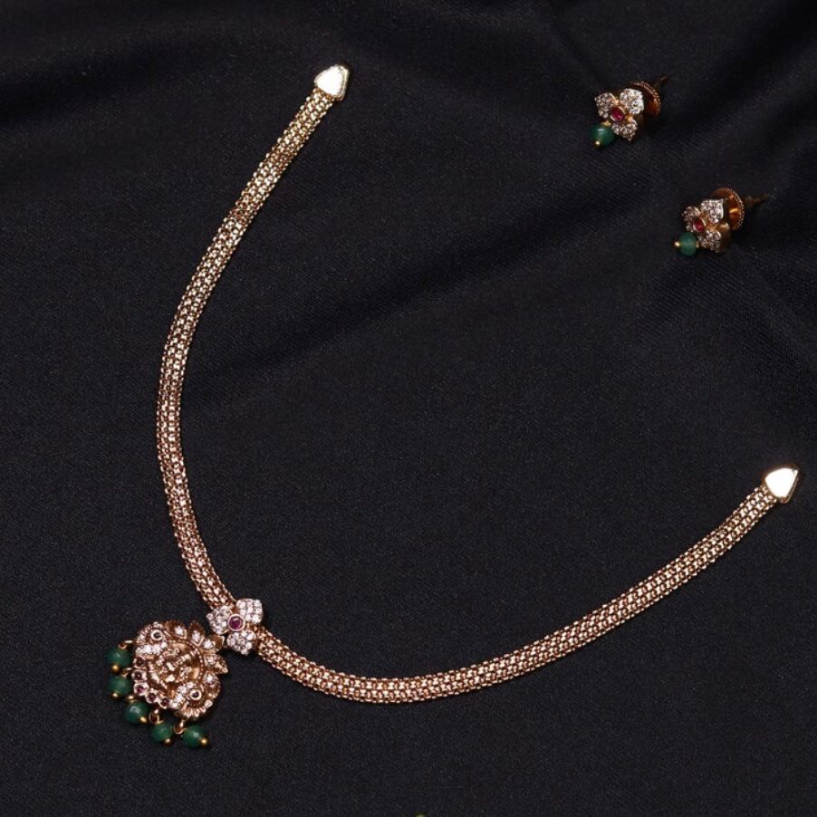 Premium Quality Small Size  kids Lakshmi Attigai with Green Crystal Beads - N0003-CR44