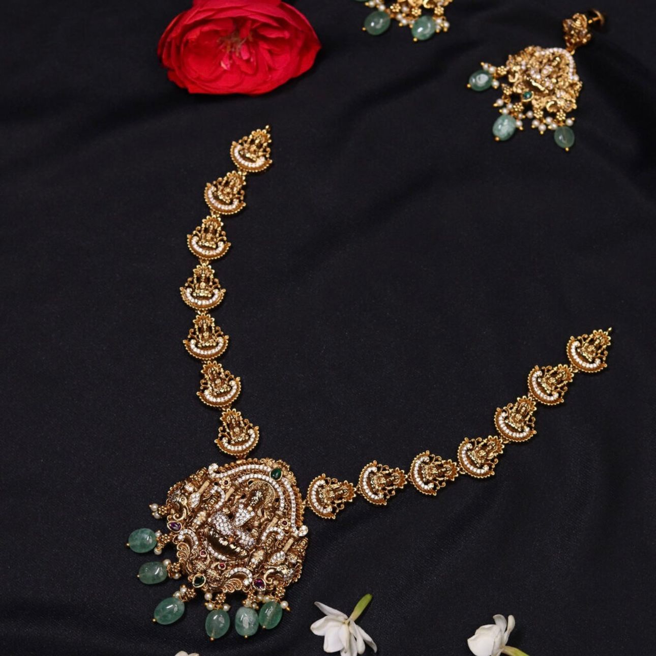 Premium Quality Brass Base Metal Maha Lakshmi Grand Look Bridal Necklace Designed With  White AD Stones - N0012-CR161